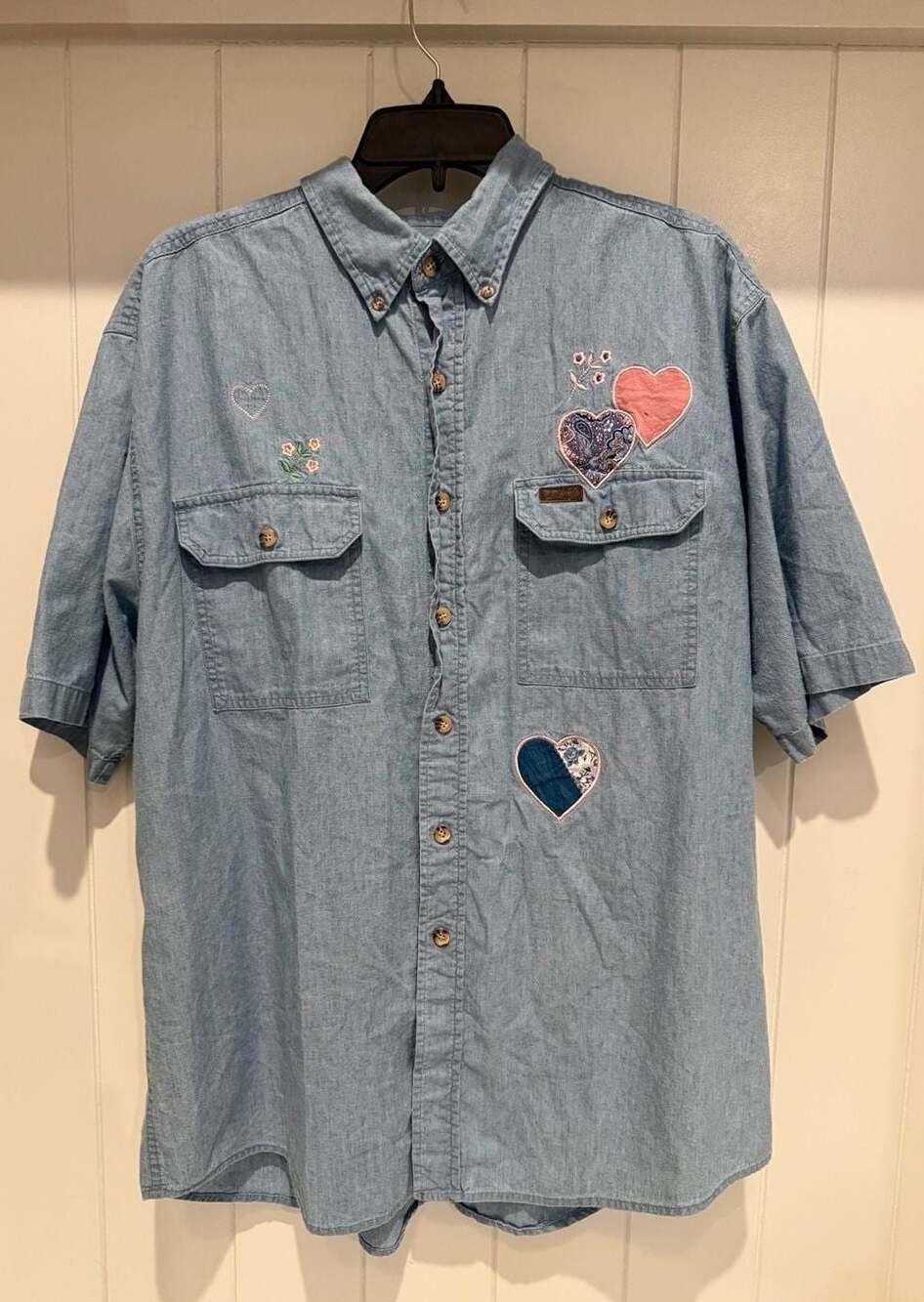 Vintage Carhartt Custom Embroidered Heart Patchwork Denim Chambray Short Sleeve